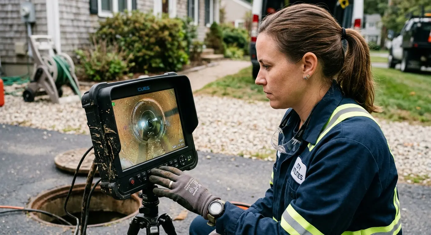 Technician reviewing sewer camera inspection footage in Natchitoches