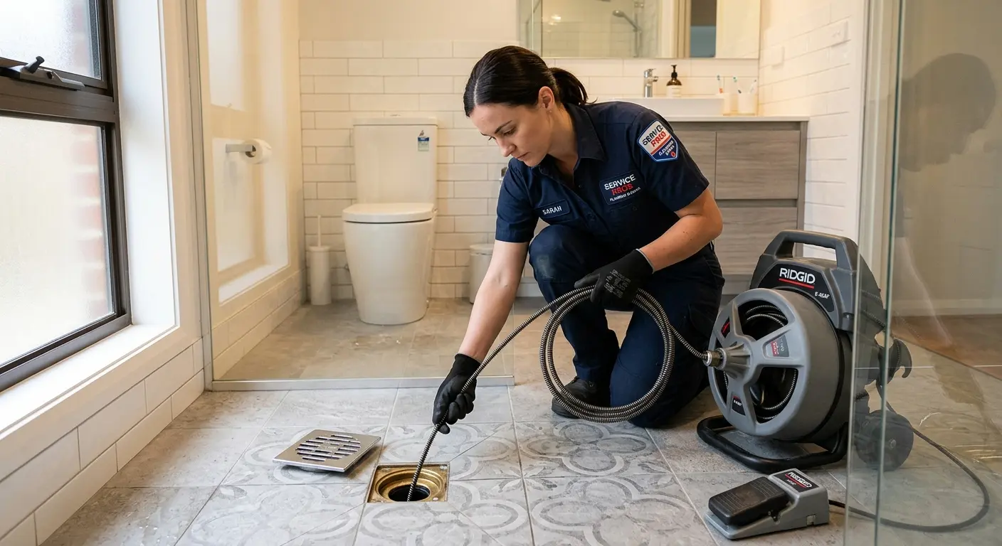 Technician clearing a bathroom floor drain for Drain Cleaning in Natchitoches